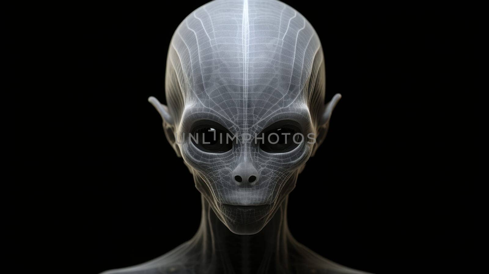Detailed Illustration of a Curious Grey Alien with Large Eyes on a Mysterious Black Background.