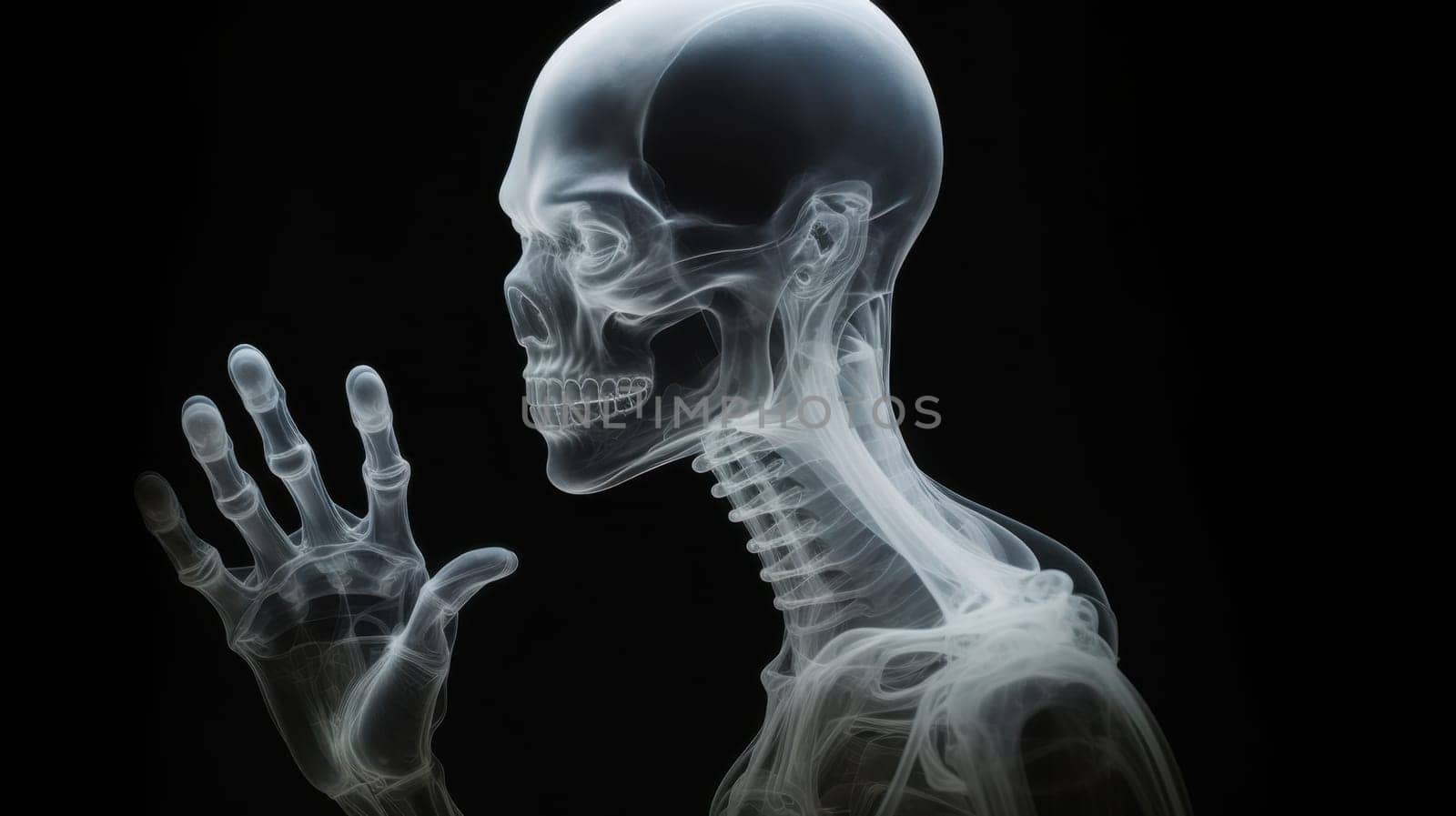 Detailed Lateral Side view X-ray Image of the Complete Human Skeleton Against a Black Background.