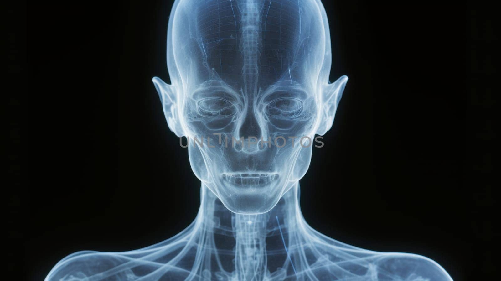 Detailed Blue X-Ray Scan of Human Head and Neck Anatomy in Anterior View with Visible Structures.