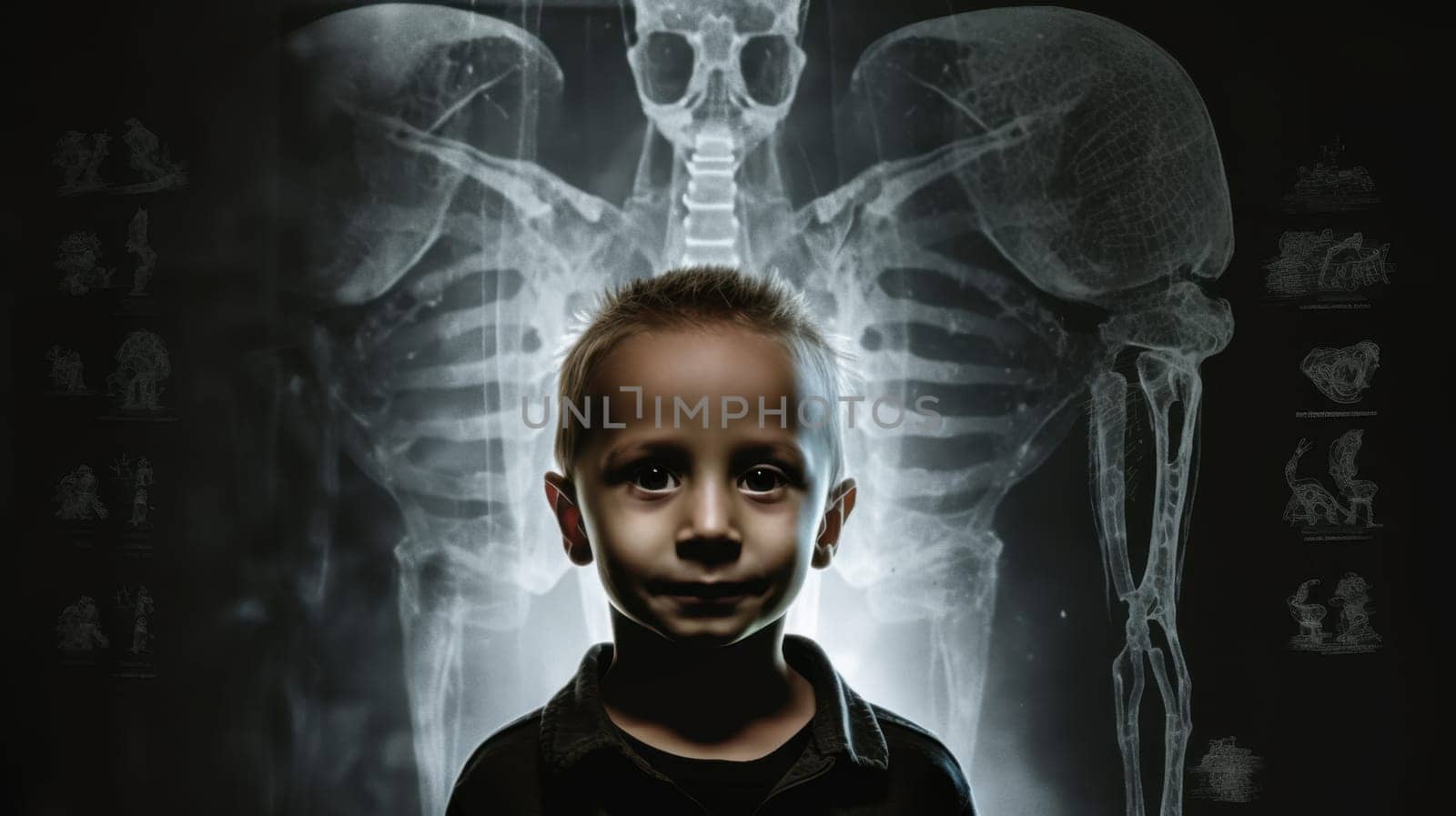 Little boy with x-ray image of his skeleton superimposed on his body.