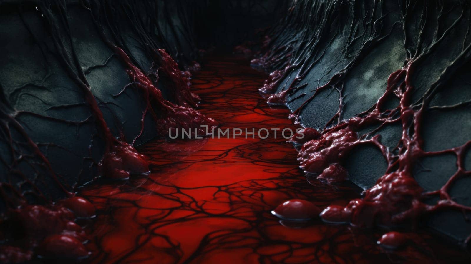Red and black abstract organic structure resembling a vein or artery.