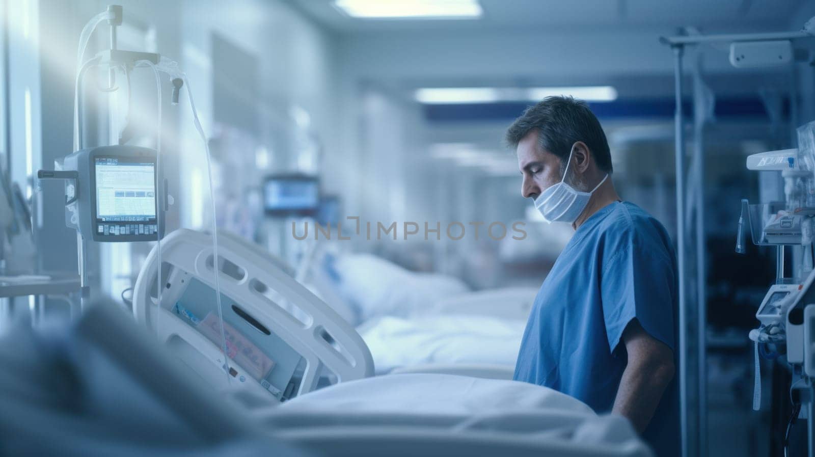 Thoughtful male doctor in a mask observing an empty hospital bed in a healthcare facility room.