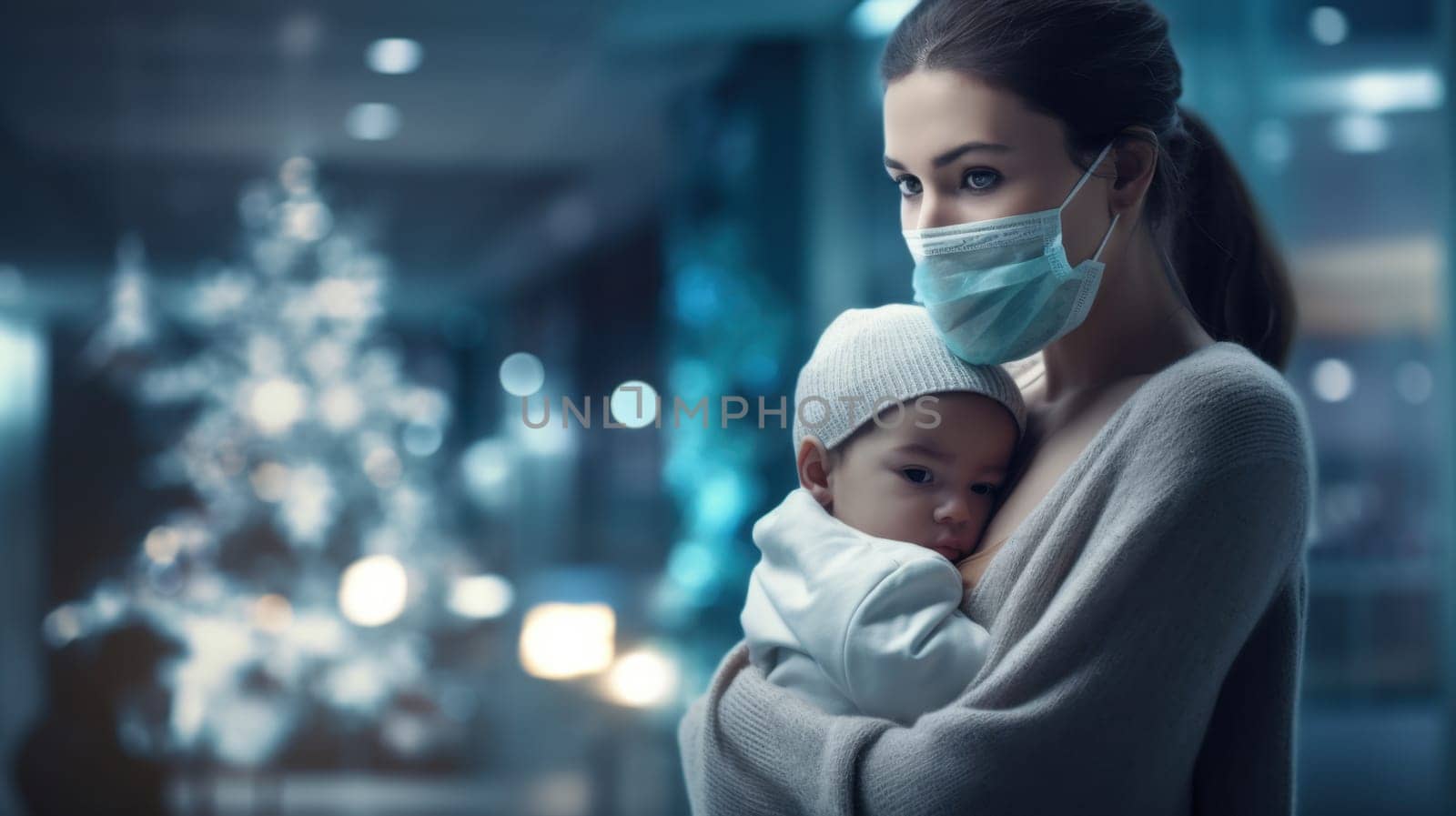Young mother wearing a protective mask while embracing her baby by a window during Christmas season.