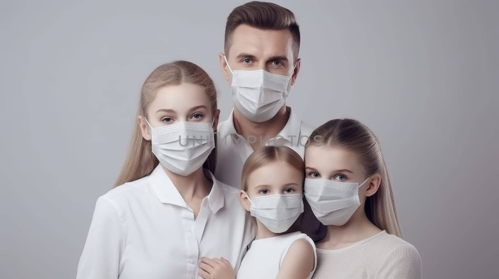 Family wearing medical masks on faces, protection from virus or pollution, healthcare concept.