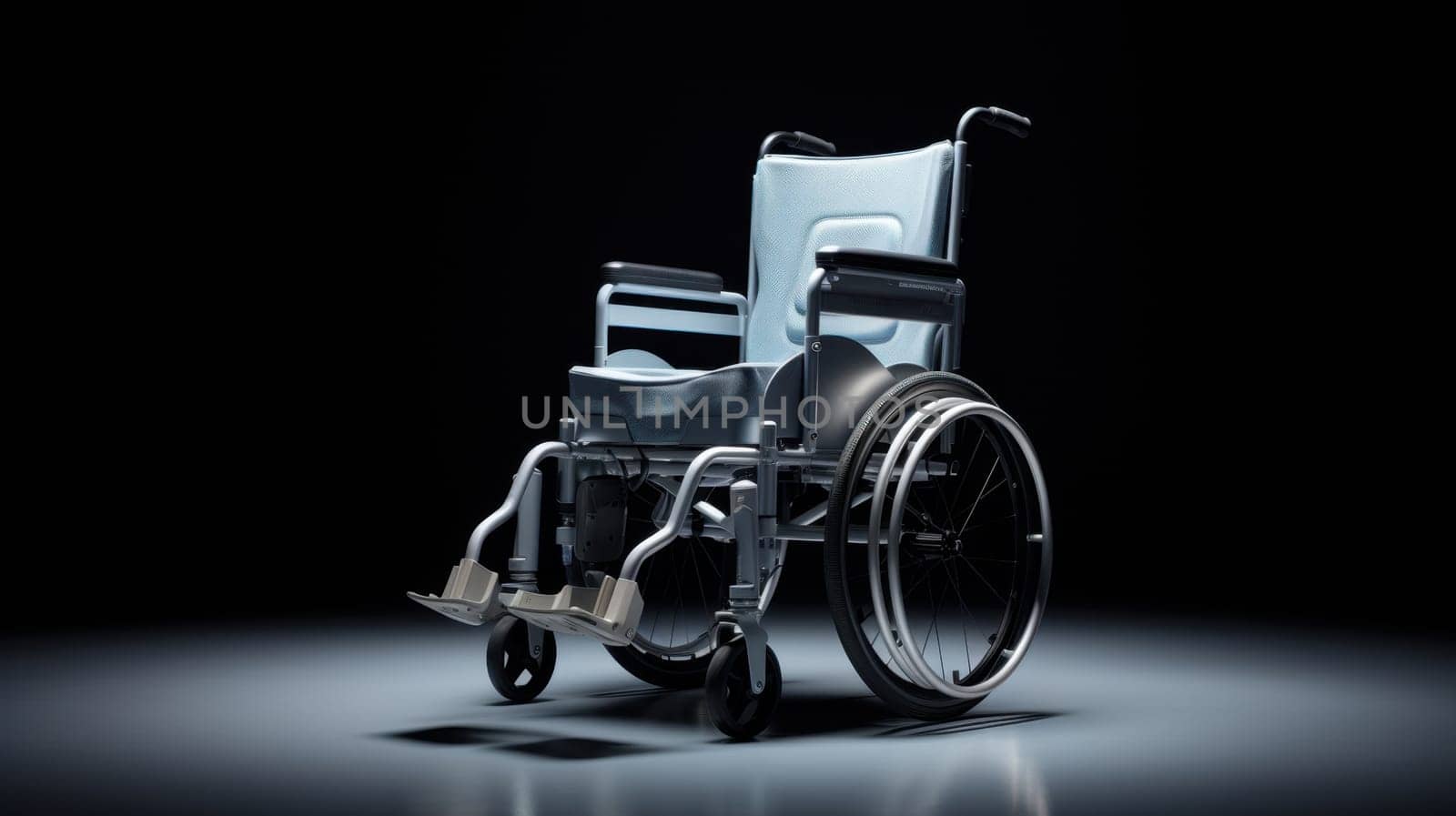 Light Blue Wheelchair on black Background, Standard Model with Chrome Frame and Black Wheels.