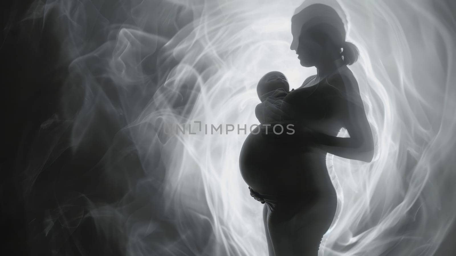 Pregnant woman holding her baby and belly with a happy face on a white background.