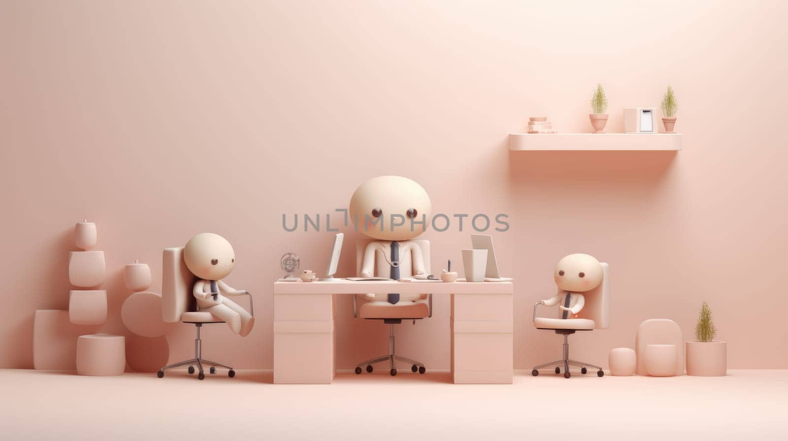 The businessman wears a white shirt and black pants, sitting in a black chair at a desk with a computer. The pink wall office has a white floor and two plants on a shelf.