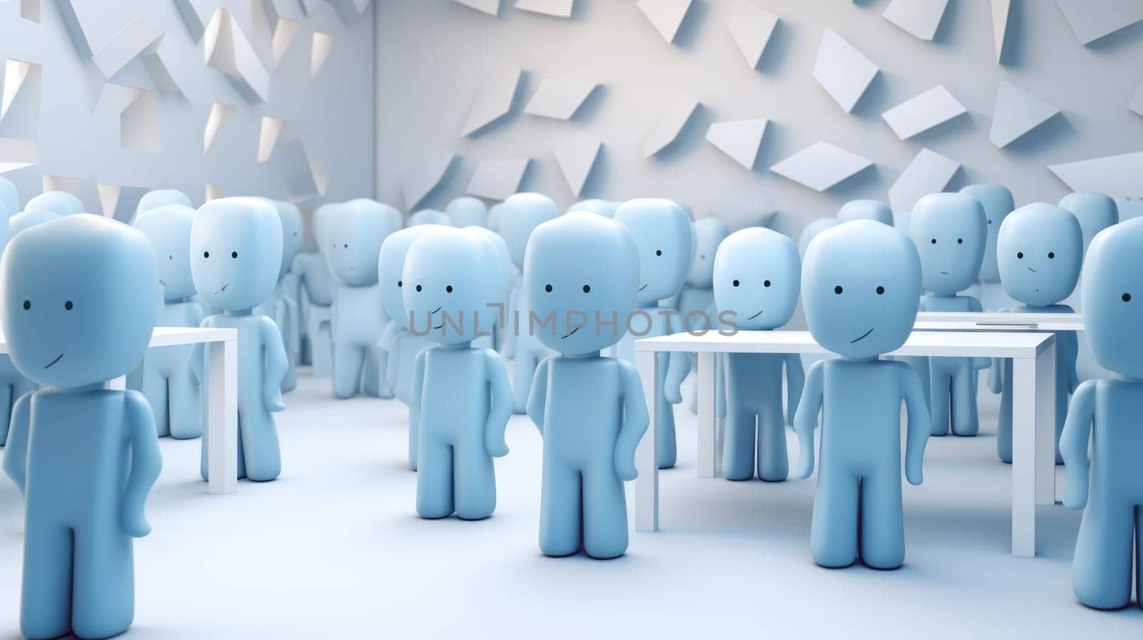 A diverse group of cheerful 3D blue characters stands together in a bright white hallway. They symbolize unity and teamwork, making this image ideal for marketing and presentations.
