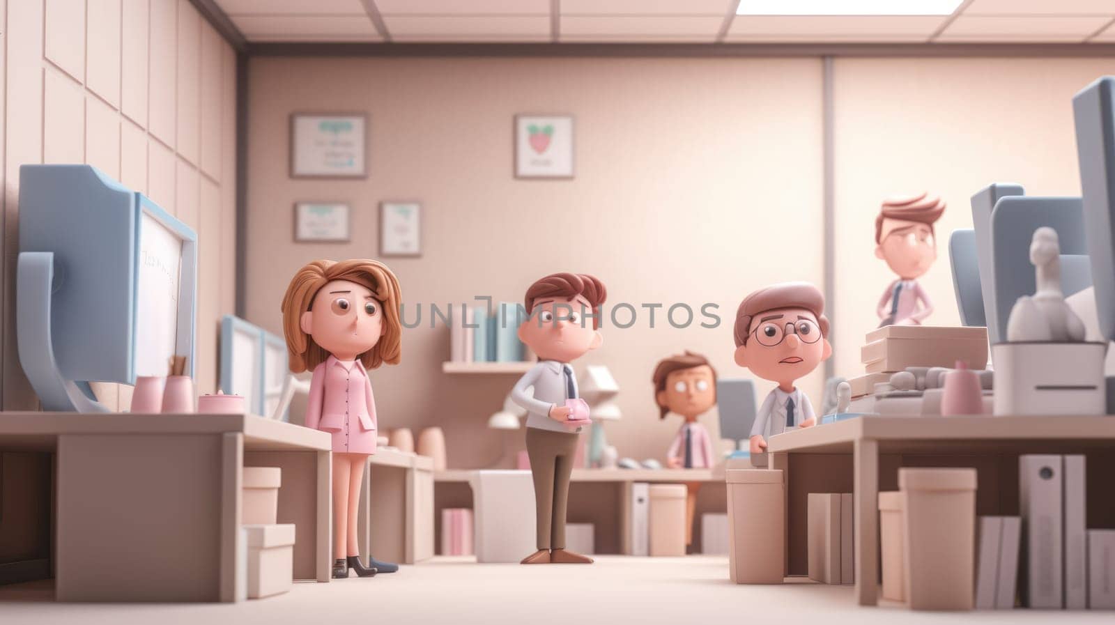 This image shows a group of coworkers in a modern pink office space. They are looking at something off-camera. The image is perfect for illustrating teamwork, office culture, or a startup company.