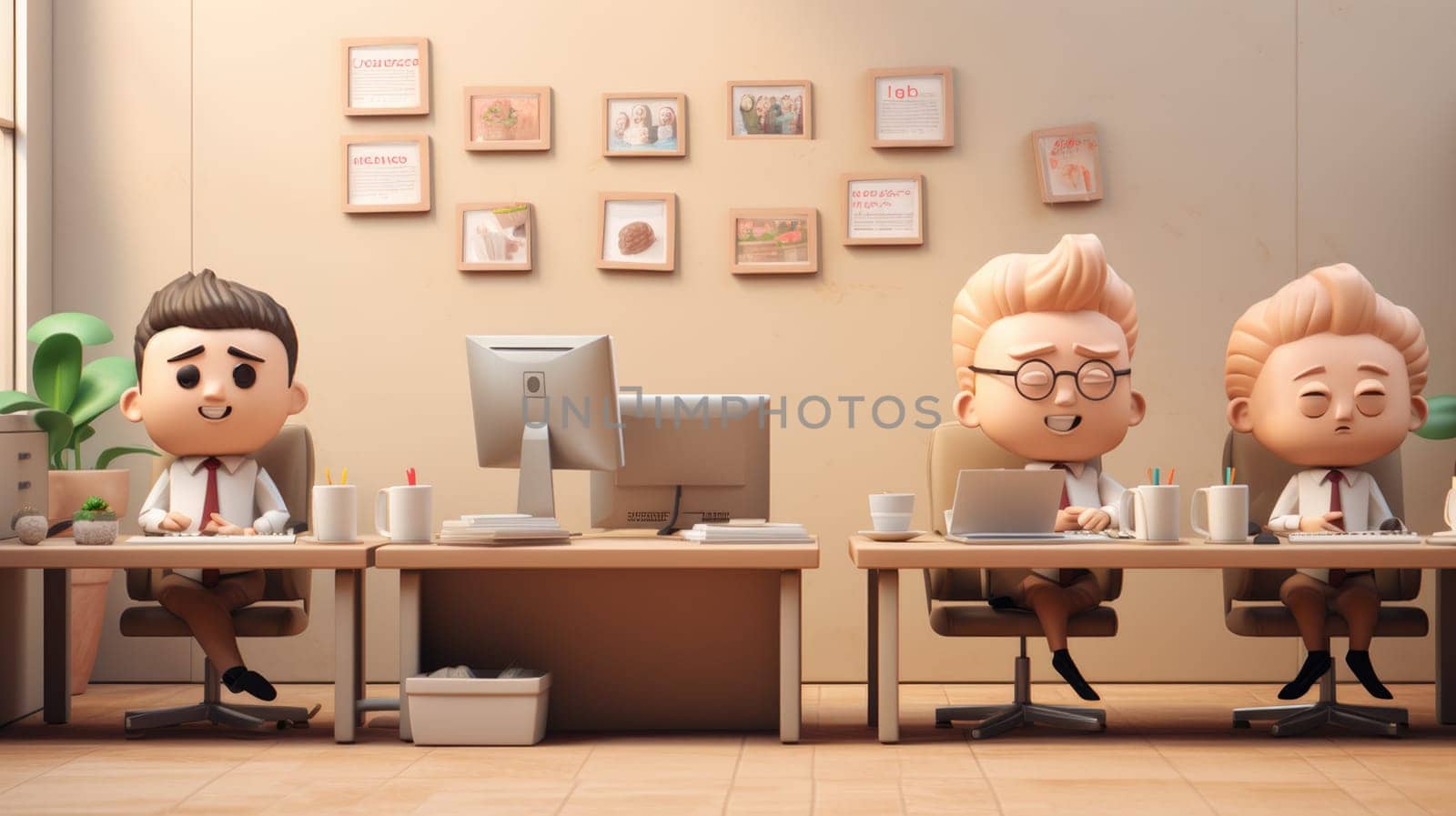 The image shows three businessmen working at their office desks. They are all wearing casual clothing and look relaxed. The office is decorated with pictures and plants.