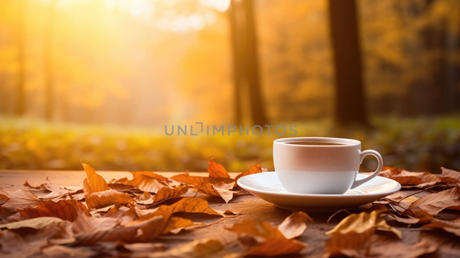 The image shows a white coffee cup on a rustic wooden table, surrounded by colorful autumn leaves. A blurred forest with warm hues serves as a serene backdrop, creating a cozy atmosphere.