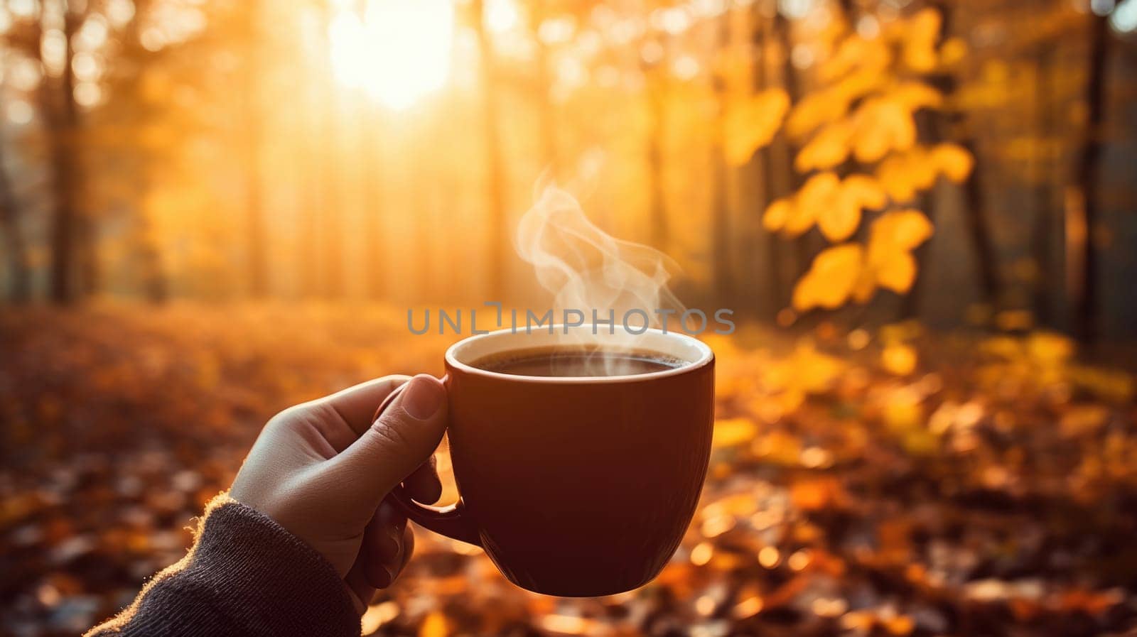 The image beautifully captures a hand gracefully holding a steaming cup of coffee. The vibrant autumn forest serves as a stunning background, radiating warmth and inviting tranquility to the viewer.