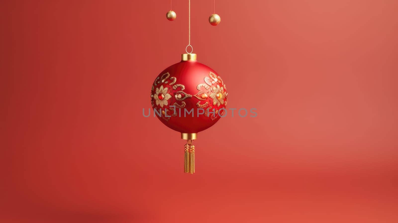This image features a single red and gold decorative ball ornament hanging against a solid red background, adorned with intricate gold floral designs and a tassel at the bottom.