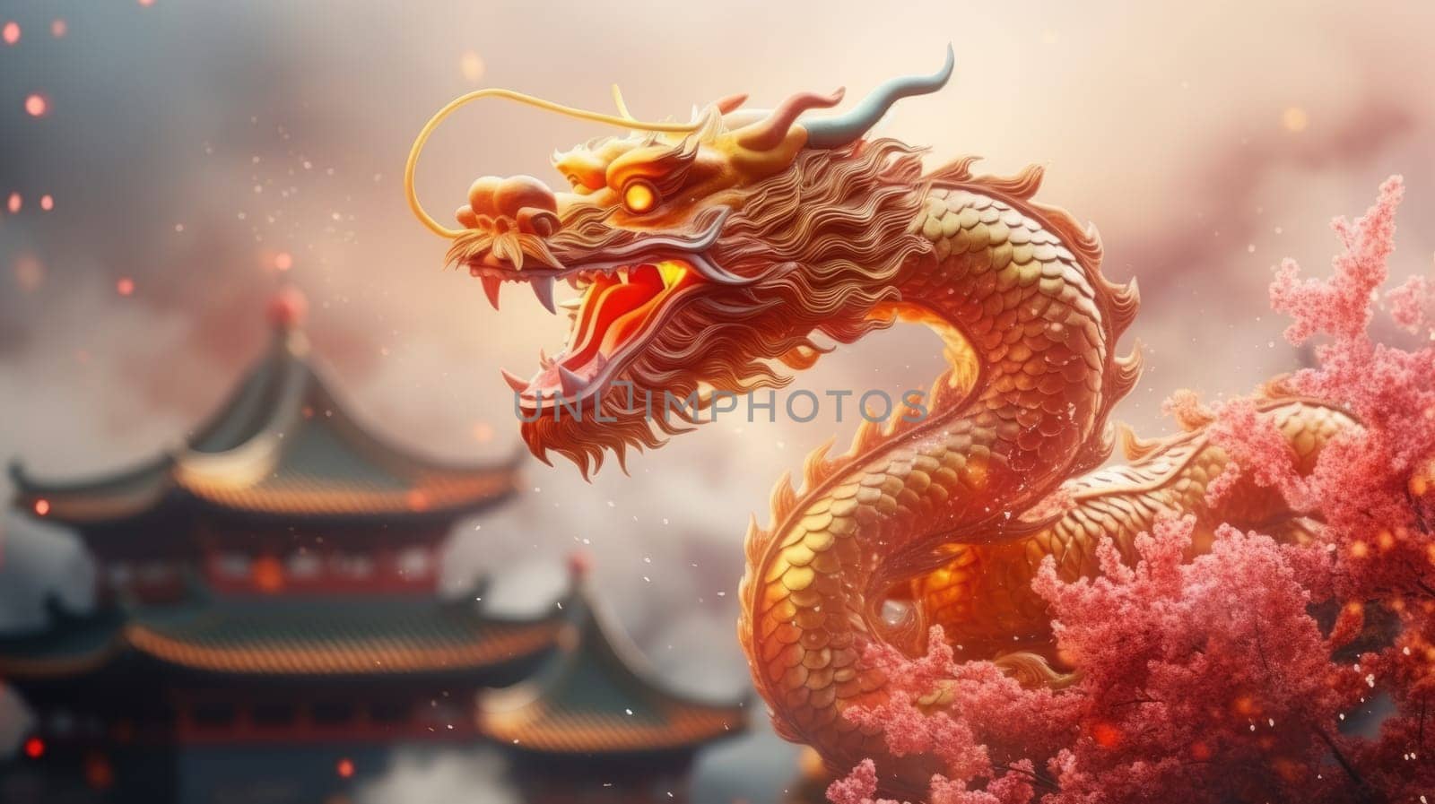 A majestic golden Chinese dragon stands tall with its mouth open wide, surrounded by vibrant peach blossom flowers, with an ornate temple in the background, symbolizing prosperity and good fortune.