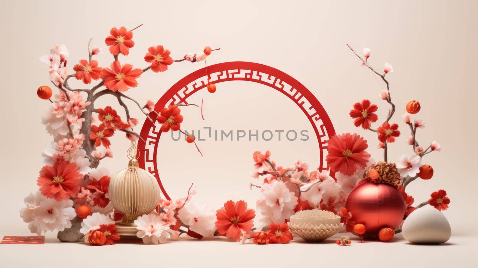 This image showcases a lovely arrangement of red and pink flowers in a round frame on a beige background, creating an elegant and sophisticated visual display for any setting.
