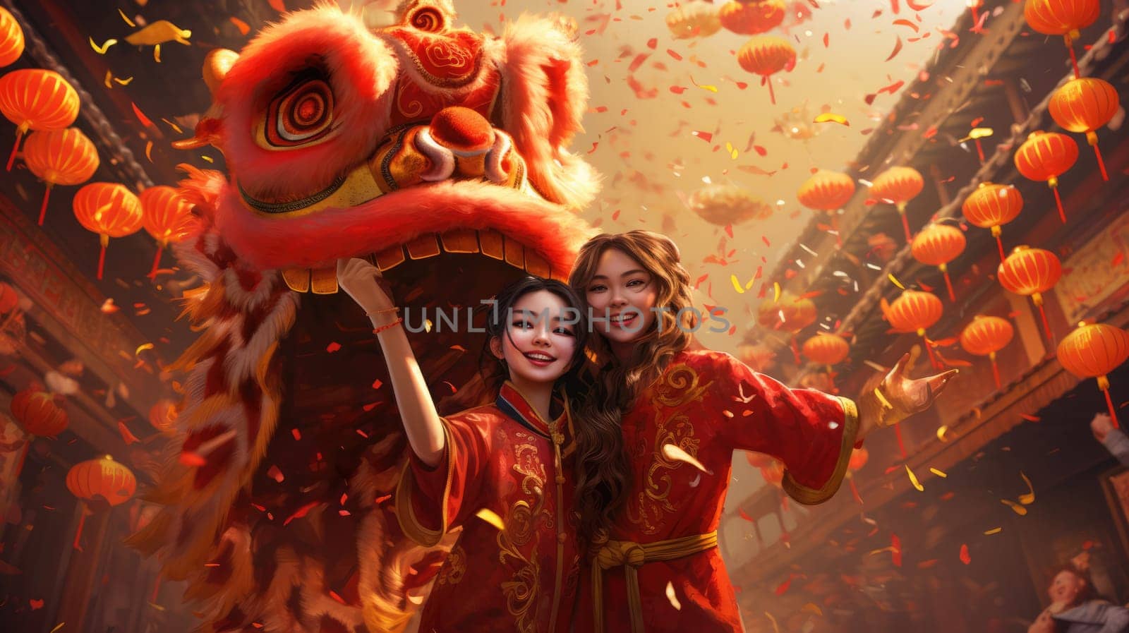 Two attractive Asian women in traditional red outfits perform a lively lion dance. The vibrant street is decorated with red lanterns and petals, creating a festive celebration atmosphere.