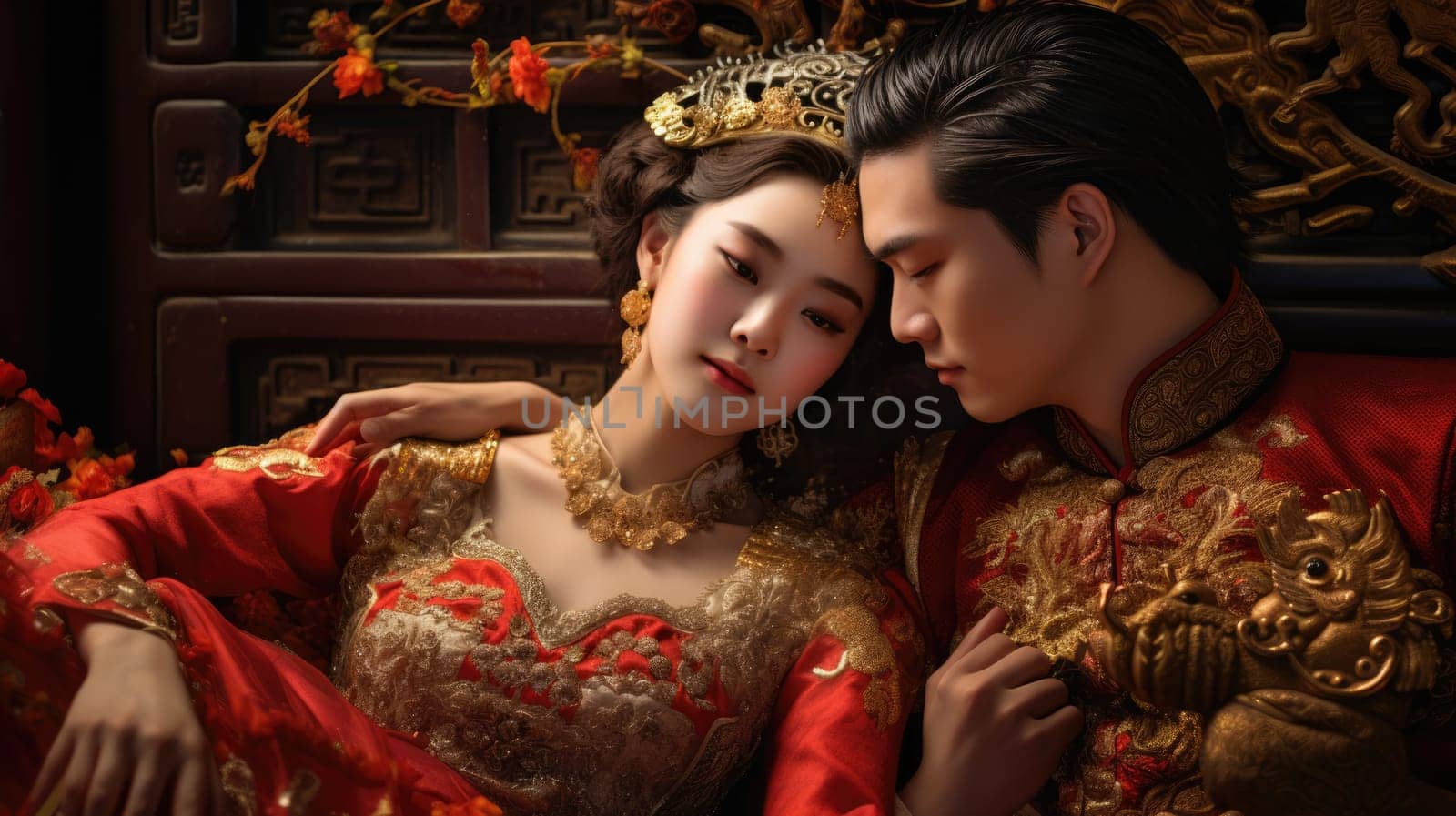 This image features a couple in traditional Chinese wedding attire, with the bride in a red robe and gold embroidery and the groom in a black robe. They share a loving gaze.