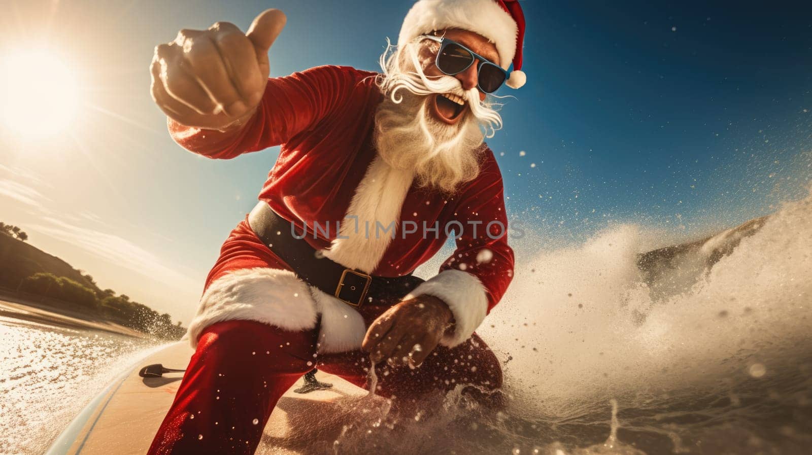 Santa Claus on surf board in ocean. Santa Claus on vacation. Surfing Santa. Santa goes Surfing