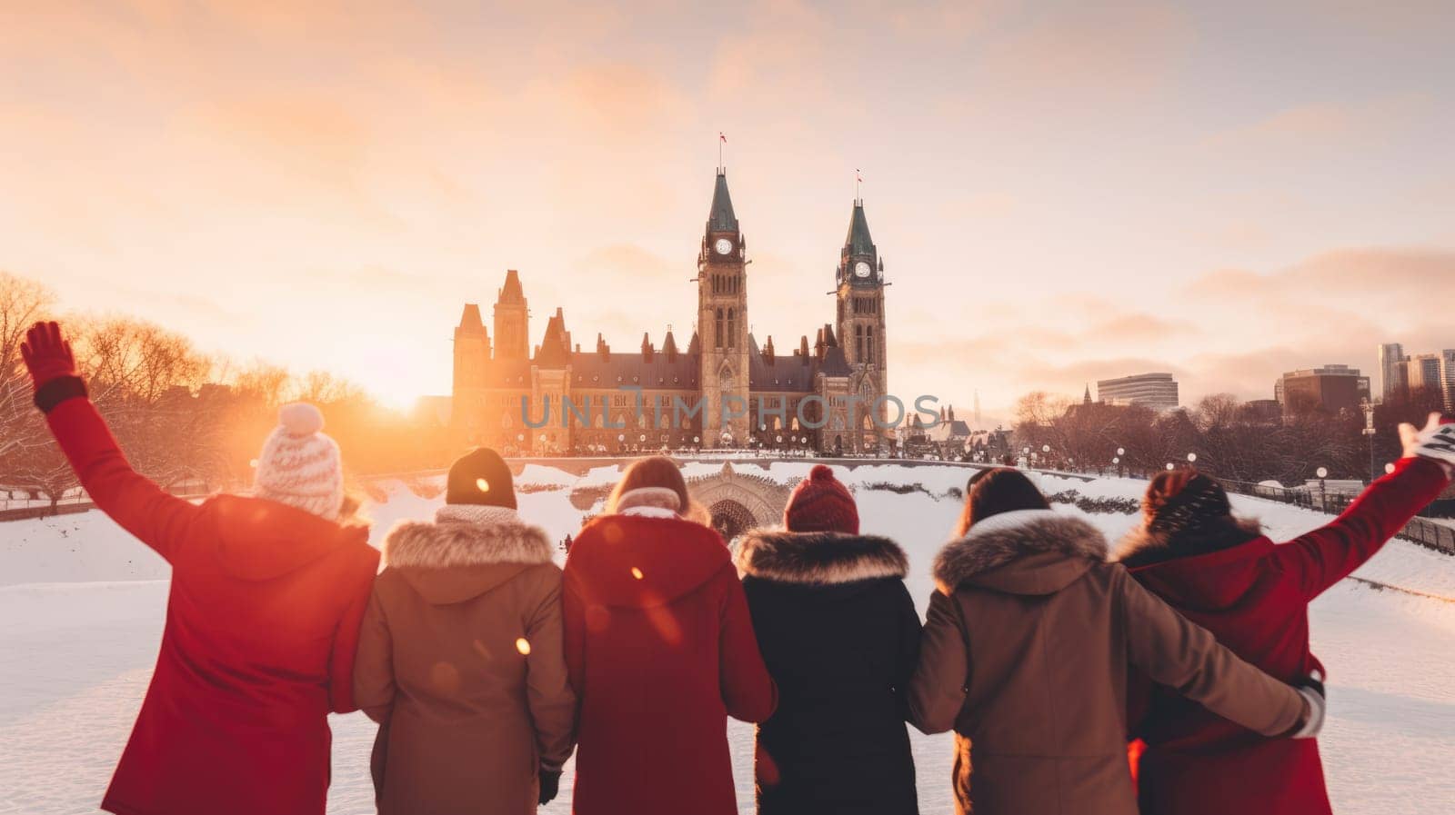 Happy Canadian wearing winter clothes celebrating Christmas holiday at Parliament Hill. People having fun hanging out together walking on city street. Winter holidays and relationship concept.