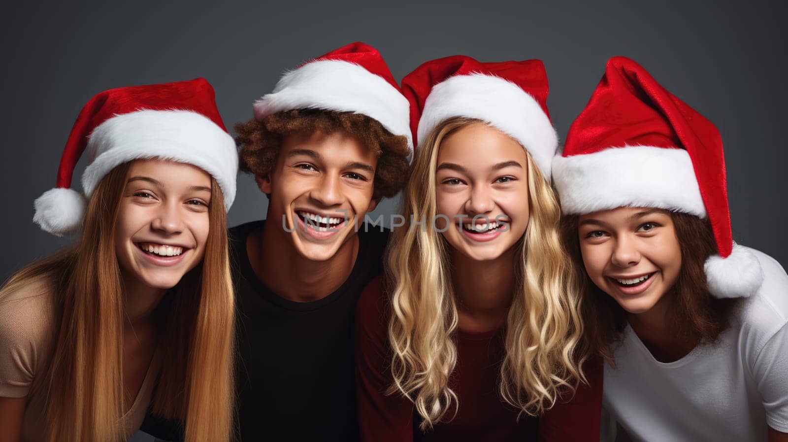 Happy teenagers wearing Santa Claus hat celebrating Christmas night together. Group of young people having new year party outside. Winter holidays concept.