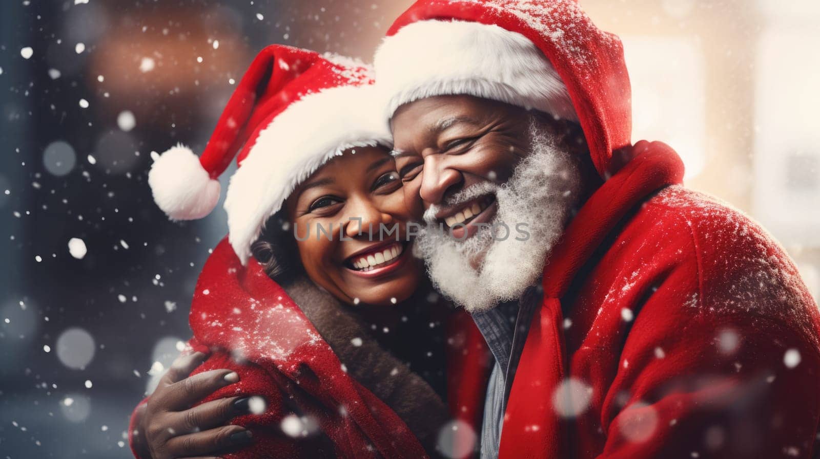 Senior African American couple smiling and wearing Santa hats, looking at camera. Family time Christmas celebration