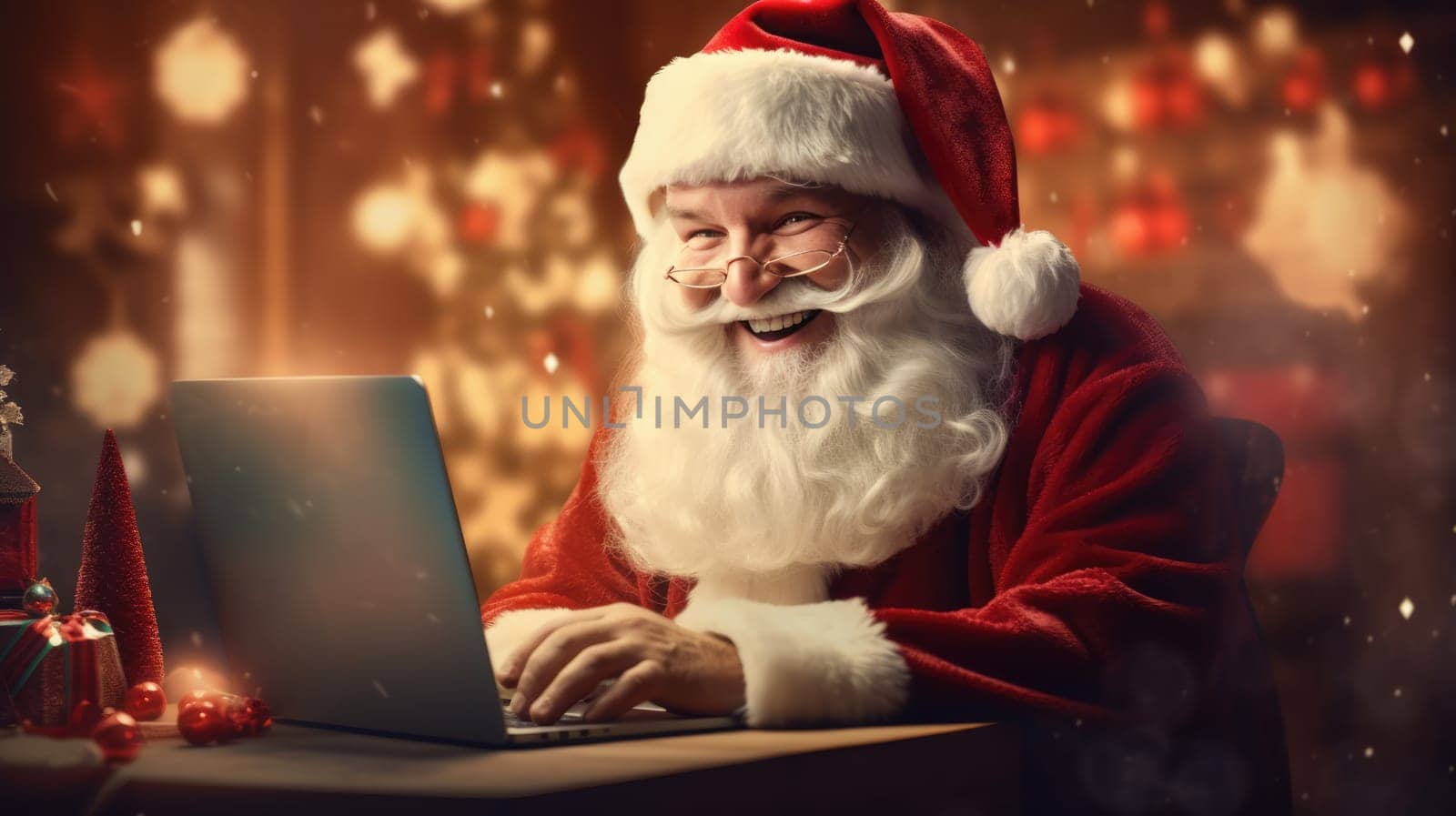 Happy old Santa Claus using laptop computer at home late on Christmas eve. Ecommerce website Boxing Day time holiday online shopping e commerce sale