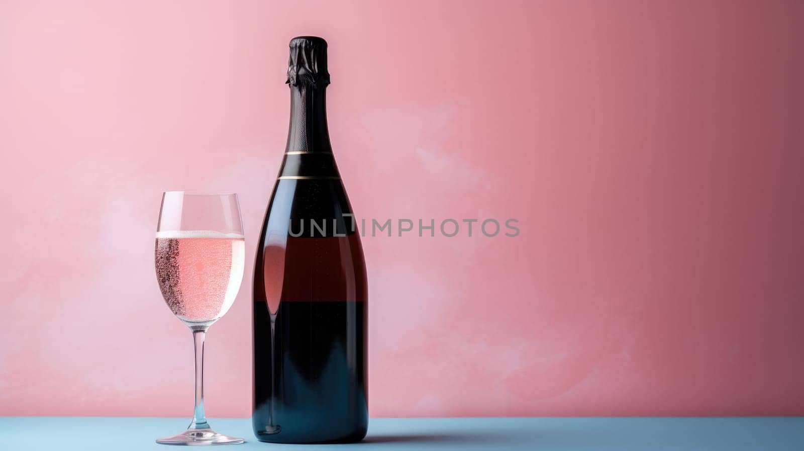 champagne glass with pink champagne on a pink background with pink balloons. Mockup design.