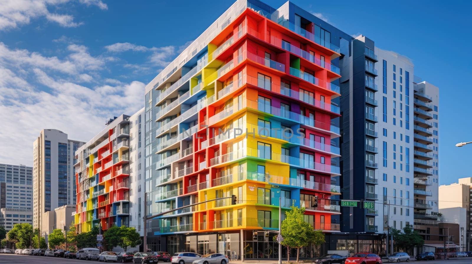 A stunningly vibrant and colorful apartment building complex featuring a variety of eye-catching colors that boldly stand out against the dynamic and lively urban city backdrop, attracting attention.