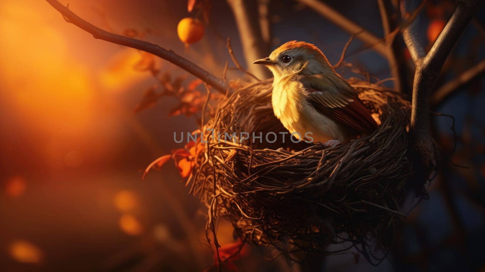 A small bird rests comfortably in its nest, nestled on a tree branch. The soft, warm background creates a serene atmosphere, highlighting the beauty and tranquility of nature in this peaceful moment.