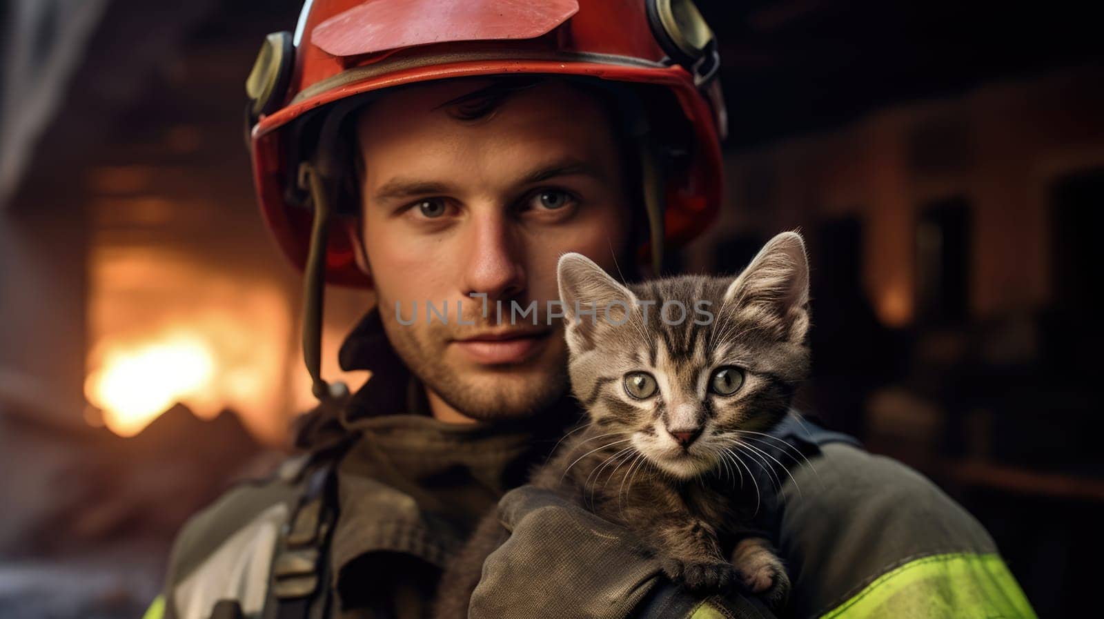 A brave firefighter holds a tiny kitten in his arms after rescuing it from a burning building. The kitten is scared but unharmed, and the firefighter is smiling with relief.