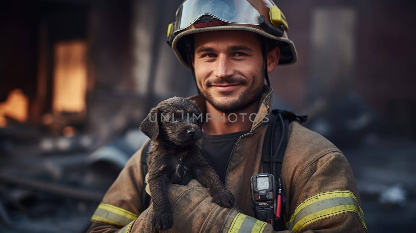 A courageous firefighter rescued a scared puppy from a burning building. The firefighter smiles in relief, holding the safe puppy in his arms, showcasing bravery and compassion.