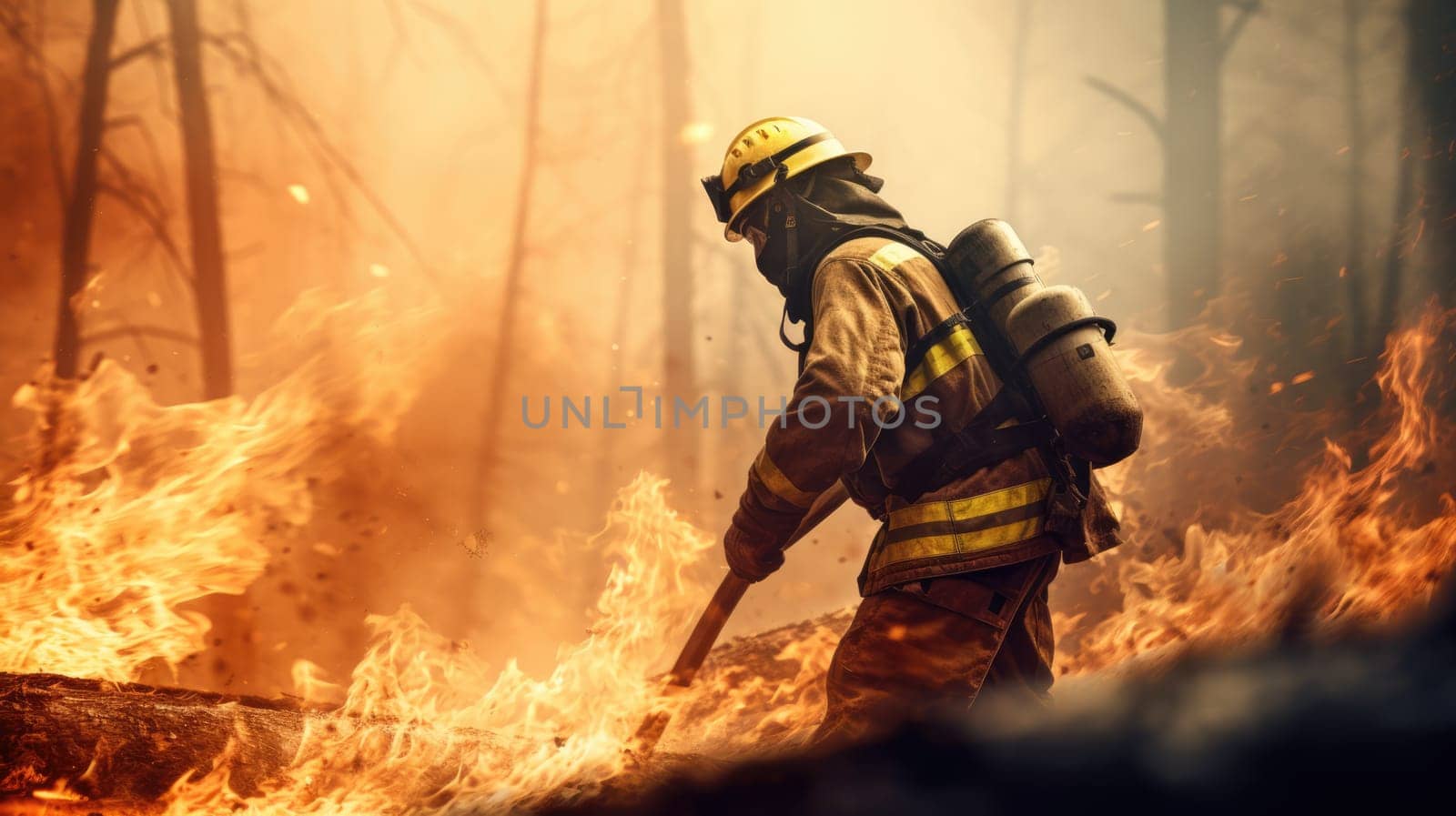 Firefighter in protective gear wielding a Pulaski axe to fight a forest fire, showcasing bravery and dedication in preserving the environment and ensuring public safety in the face of wildfires.