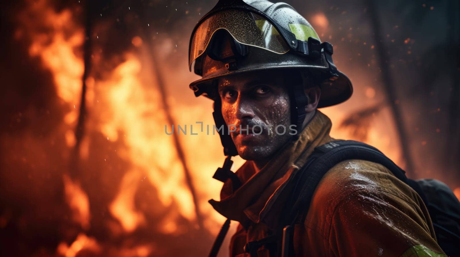 A brave firefighter, in protective gear, faces a raging forest fire. His dedication to protecting the environment and local community shines through as he battles the fierce flames.