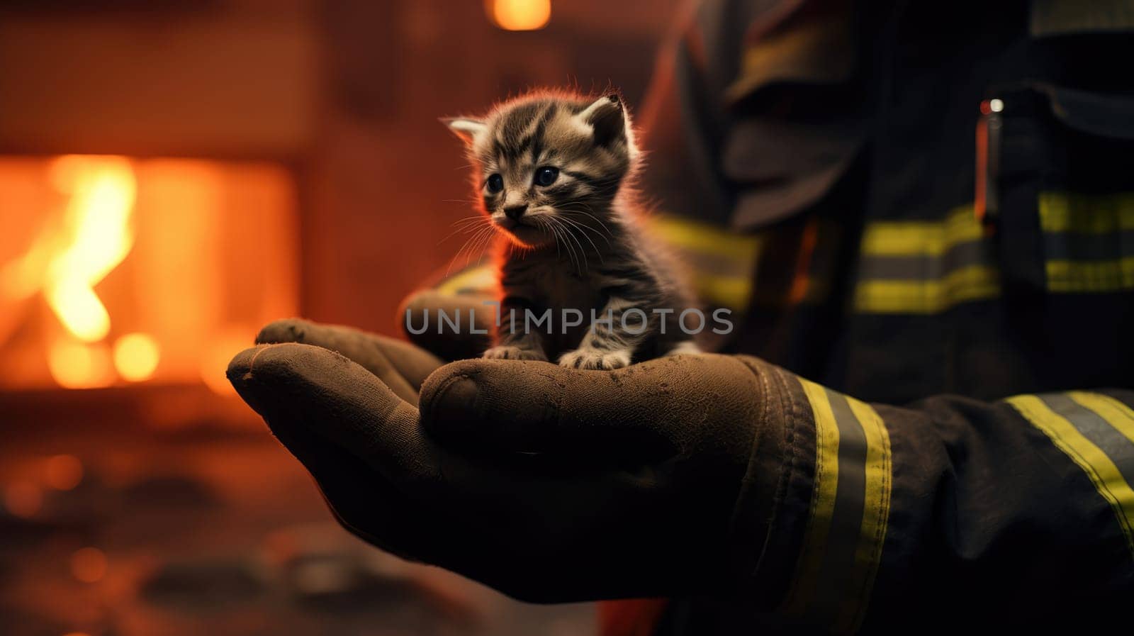 A brave firefighter holds a tiny kitten in the palm of his hand after rescuing it from a burning building. The kitten is scared but unharmed, and the firefighter is smiling in relief.