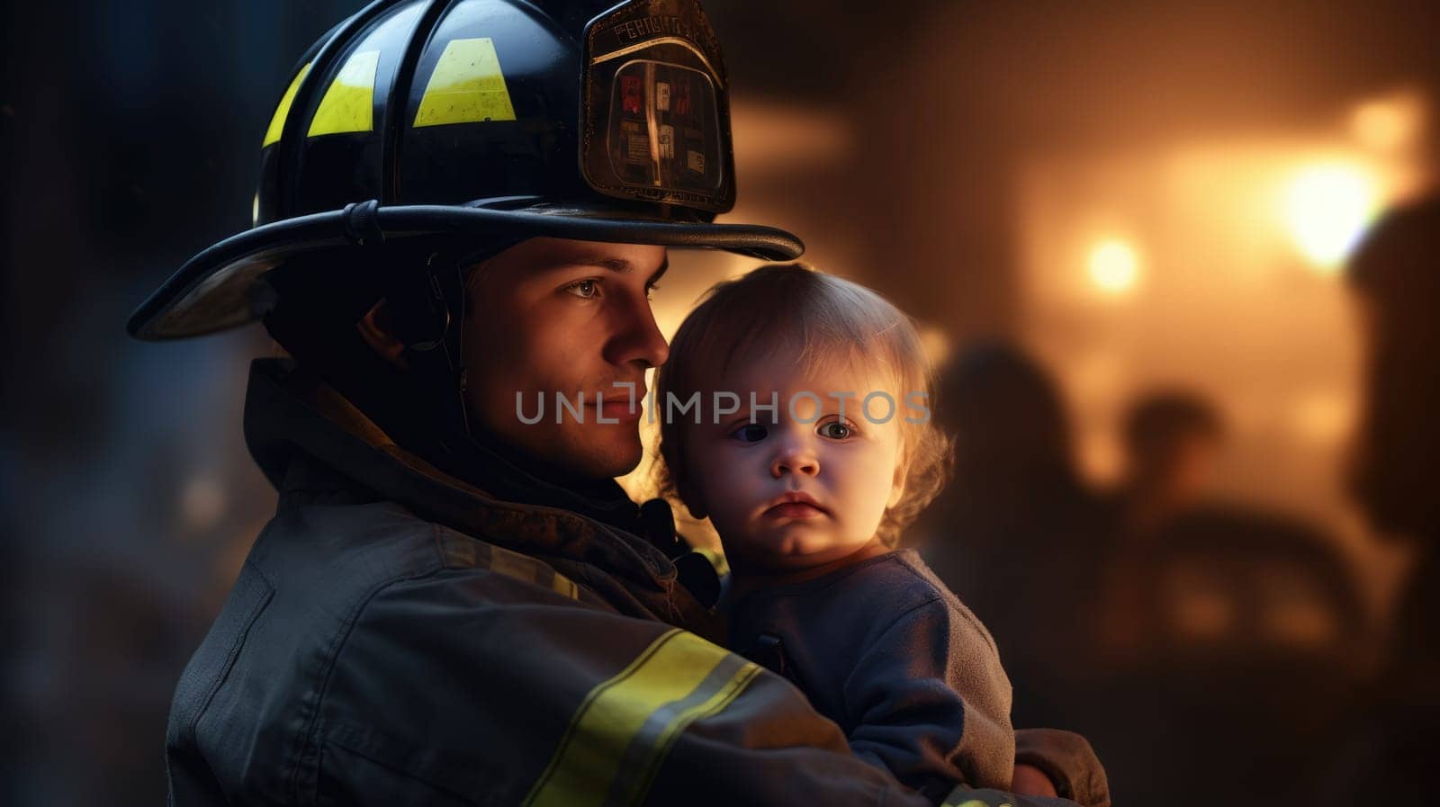 A courageous firefighter saves a baby from a fire, risking his life in a smoke-filled environment. He wears protective gear, showcasing his bravery amid the chaos of the flames.