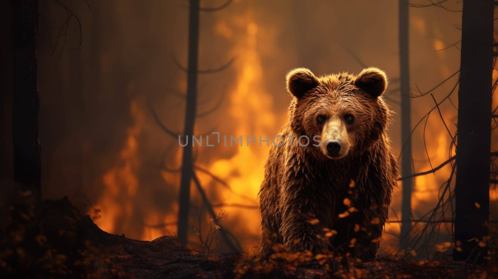 A large brown bear runs from a rapidly spreading forest fire, its face obscured by smoke, eyes wide with fear. The vibrant orange and yellow flames illuminate the dark trees behind.