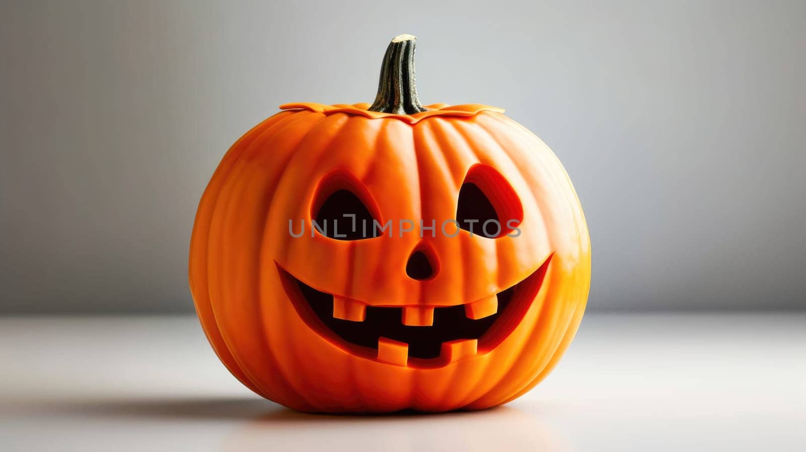 Single Halloween Pumpkin Isolated on White Background with Carved Smiling Face and Teeth.