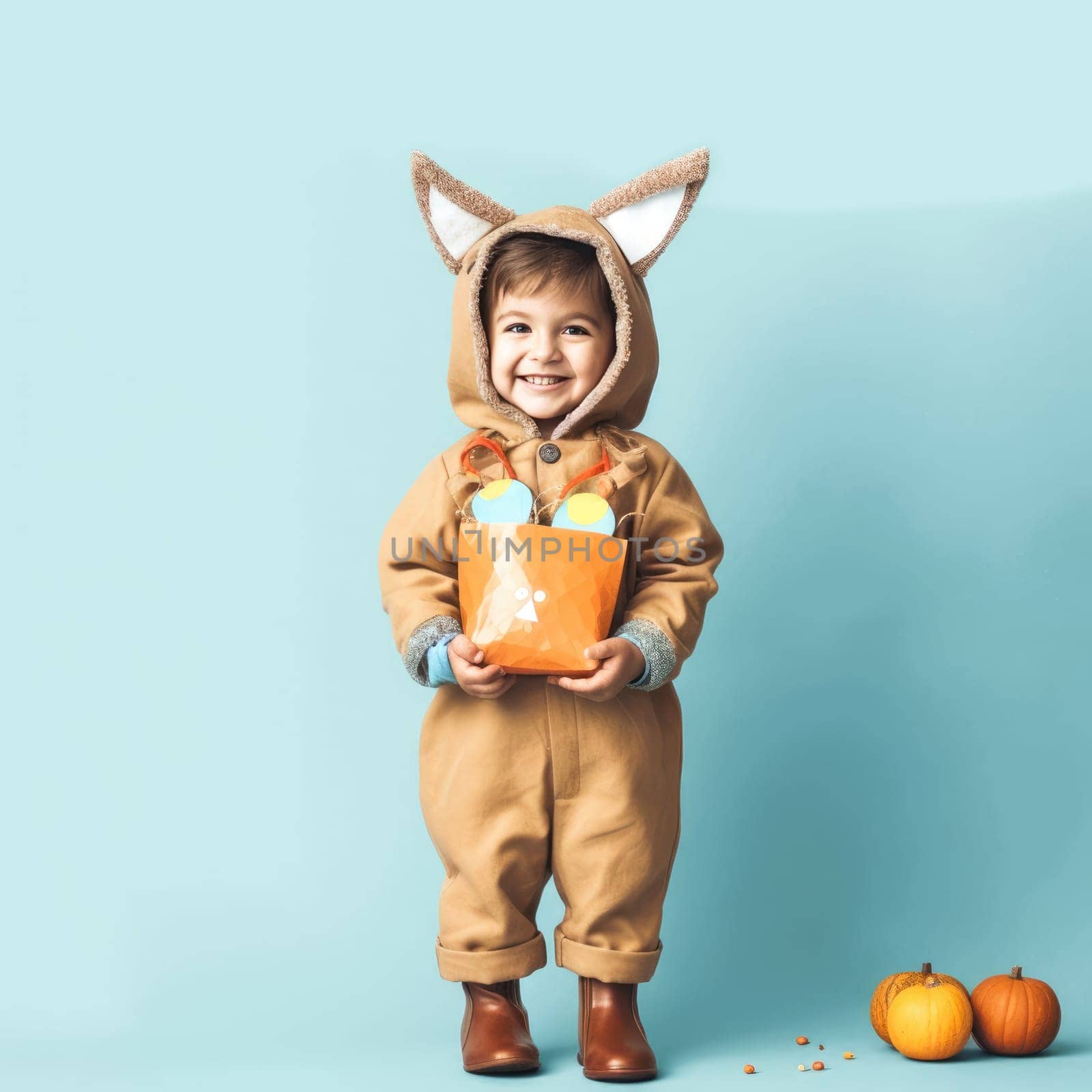 Cheerful young child in a cozy fox costume with a joyful expression against a bright blue background.