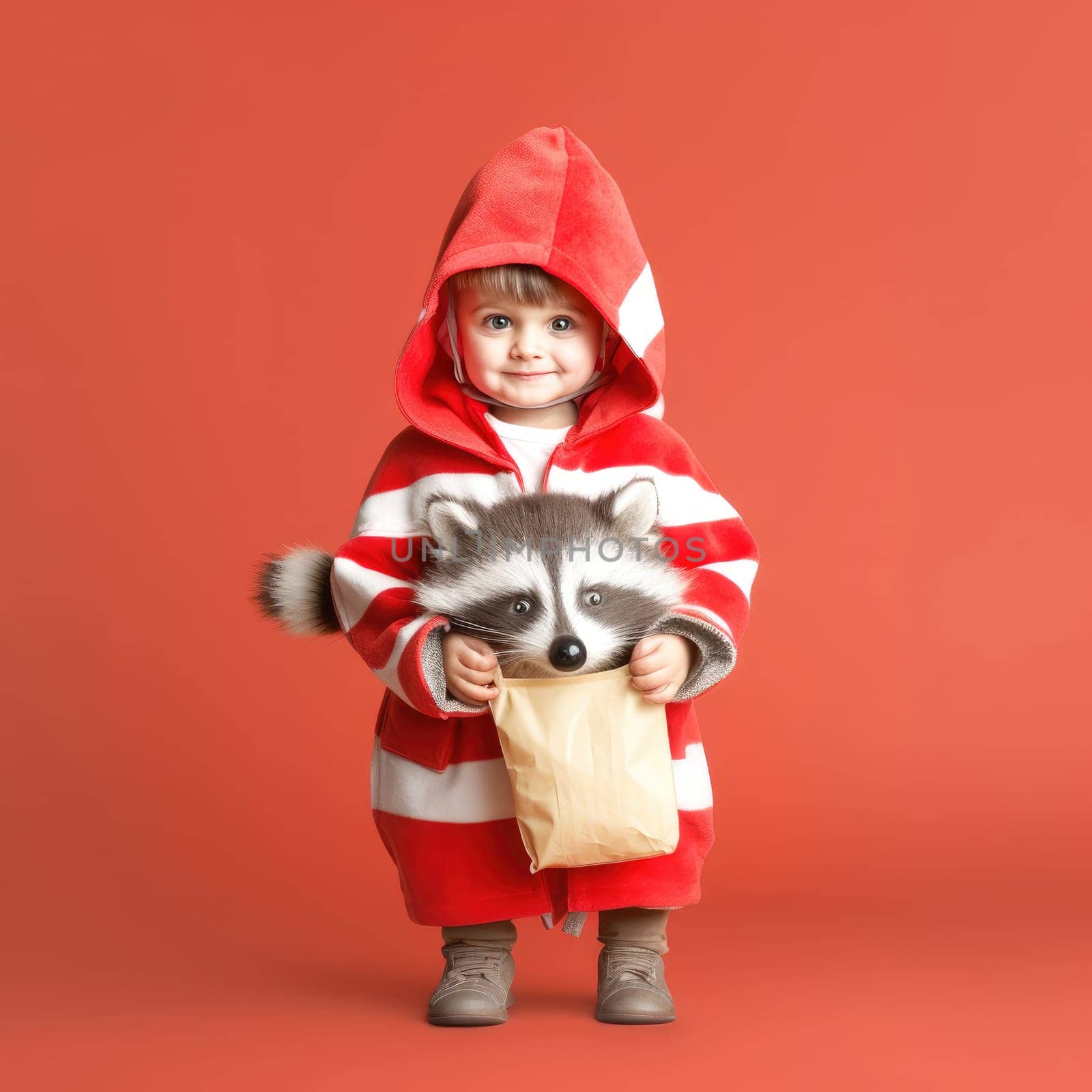 Little Red Riding Hood costume for a baby photoshoot on red background.