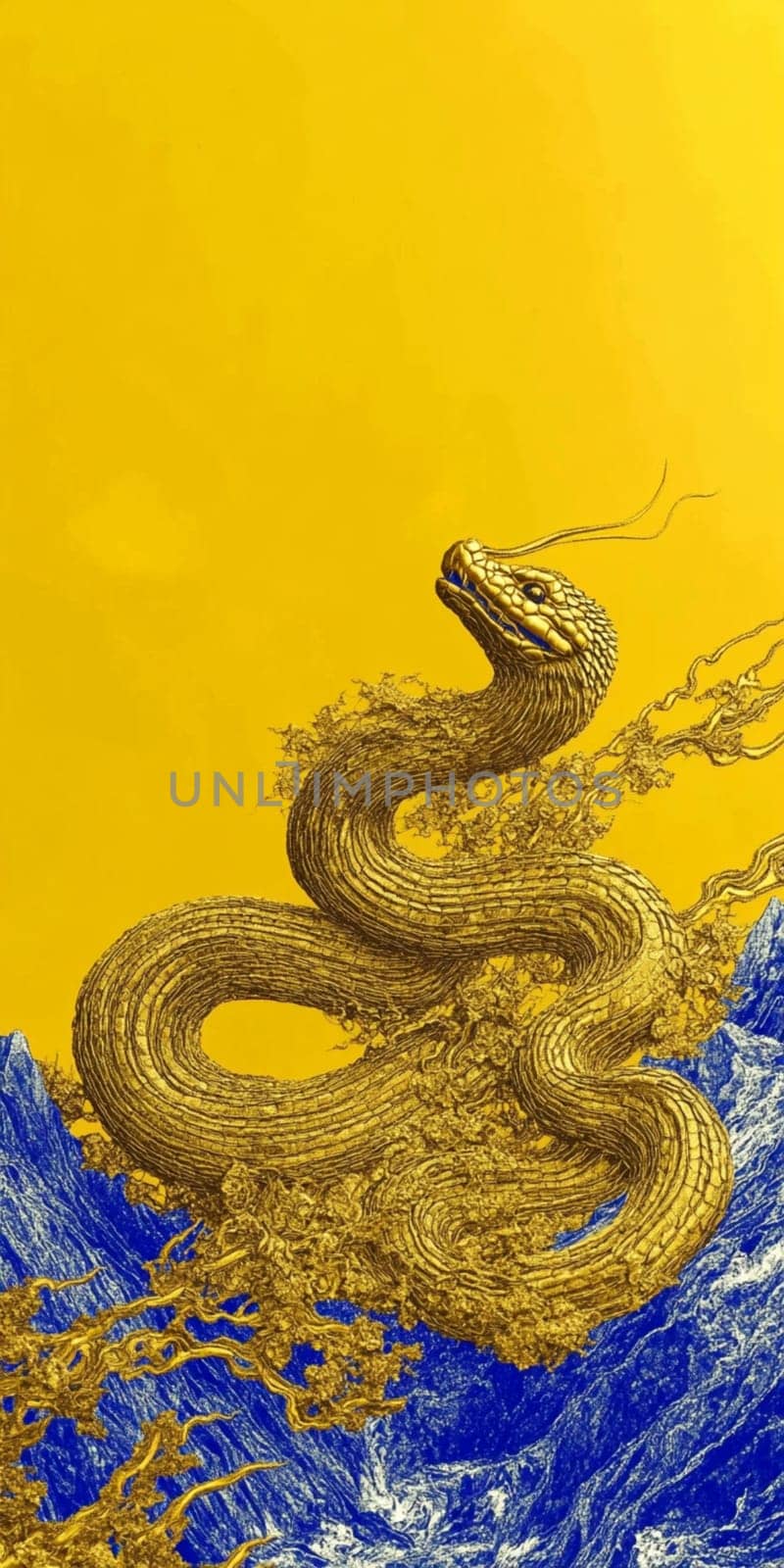 Golden snake rising over blue mountains with a bright yellow background. Perfect for projects related to nature, animals, and mythology