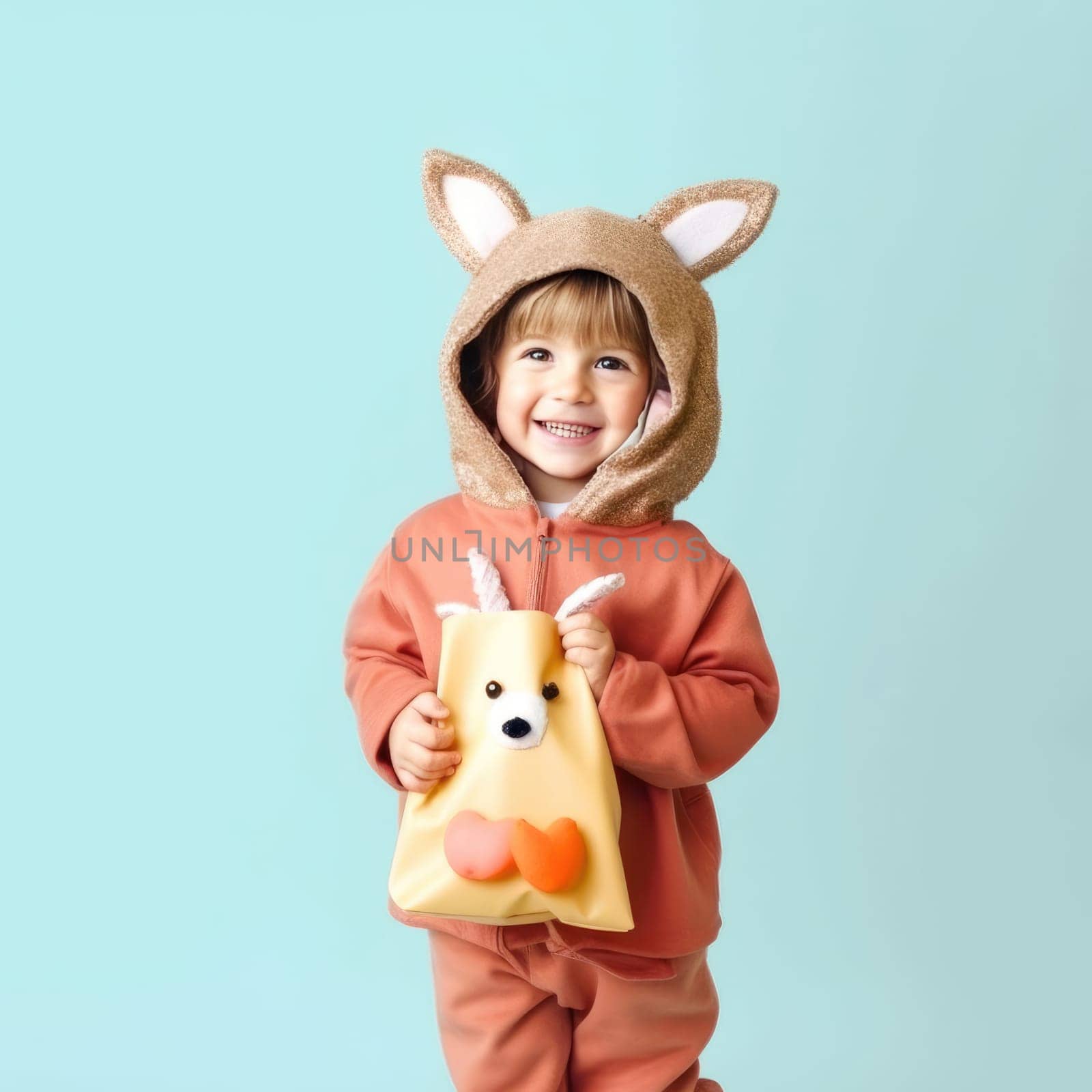 Smiling toddler in a fox costume holding a Halloween candy bag on a blue background.