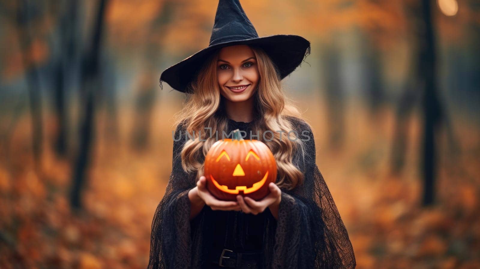 Young blonde witch in a black dress holding a glowing jack-o-lantern in an enchanted forest scene.