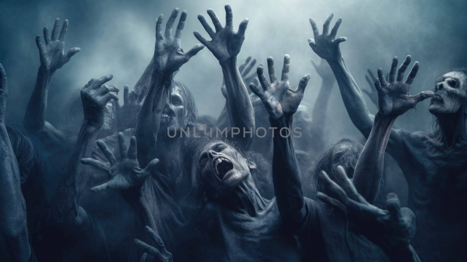 Large Group of Zombies Reaching Towards the Sky in a Dark and Eerie Setting.