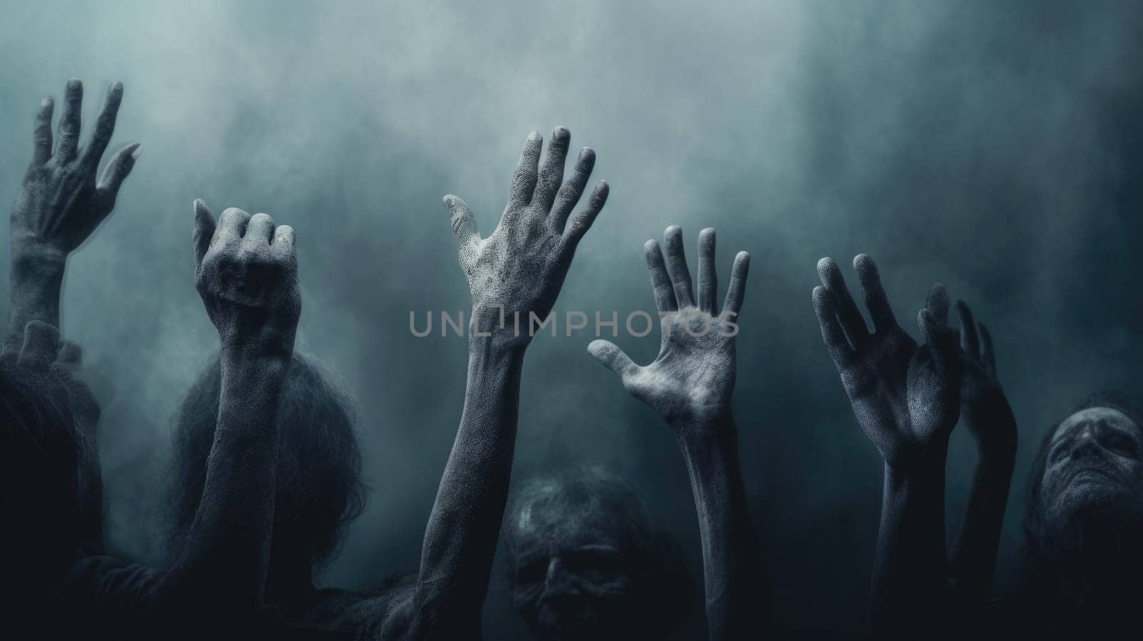 Large Group of Zombies Reaching Towards the Sky in a Dark and Eerie Setting.