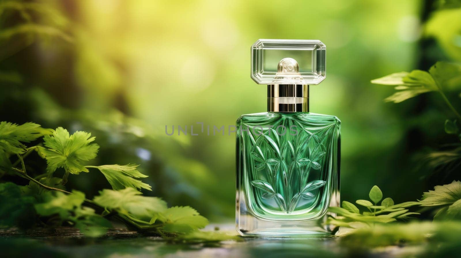 Transparent green glass perfume bottle mockup with plants on background. Eau de toilette. Mockup, spring flat lay