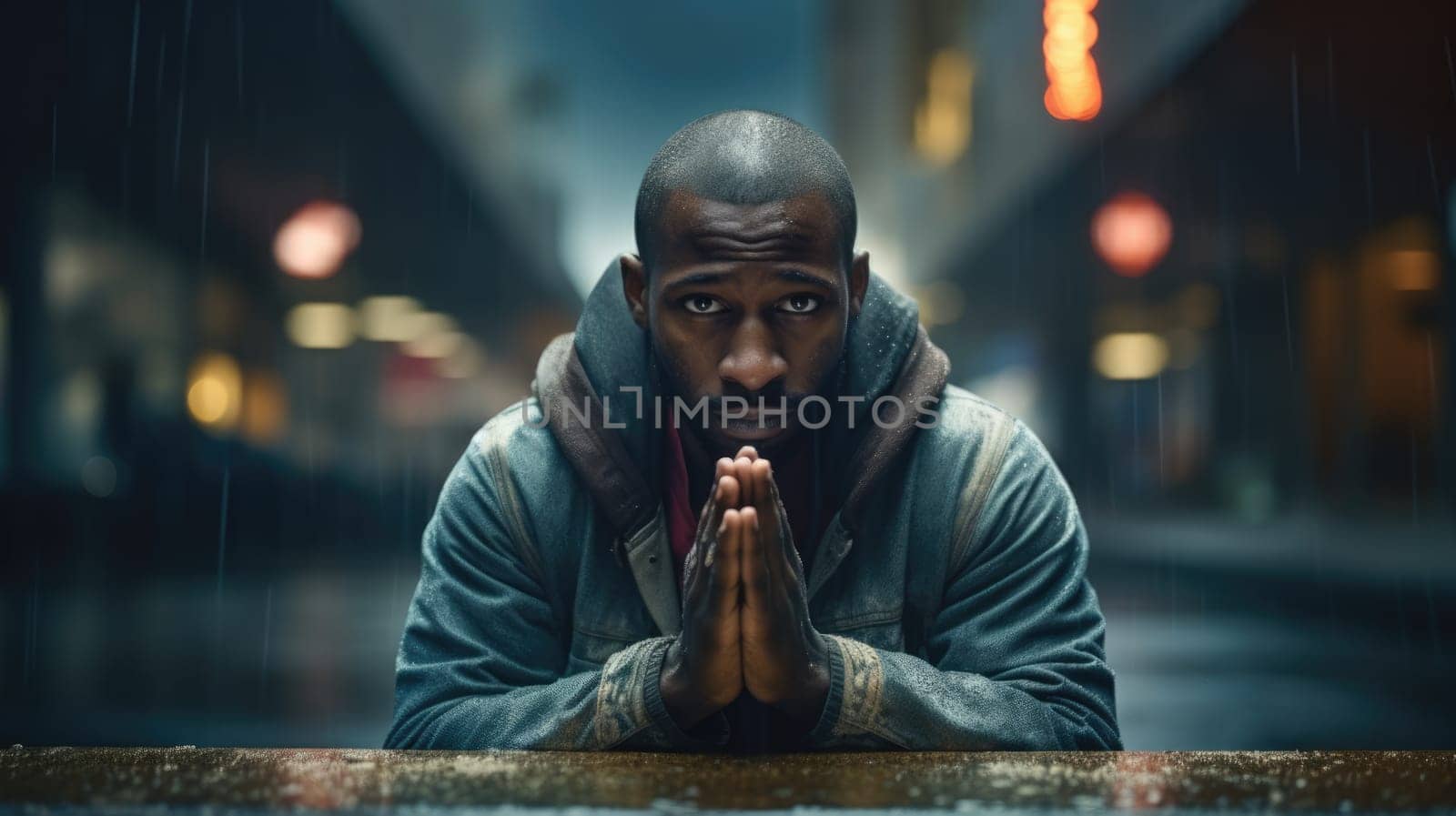 In a city, a young African-American man in a brown jacket looks up in awe at the stormy sky. Buildings in the background are blurred, adding to the scenes sense of wonder.