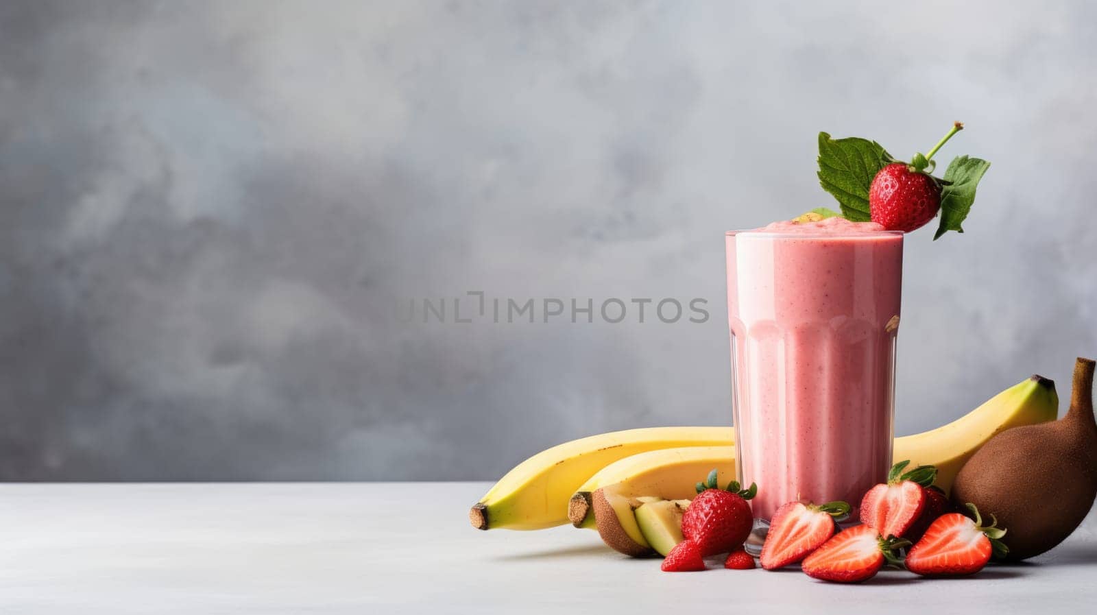 Fresh strawberry smoothie with kiwi and berries in a tall glass on a white table. Made with fresh strawberries, kiwi, yogurt, perfect for breakfast or snack, full of fruits and vegetables.
