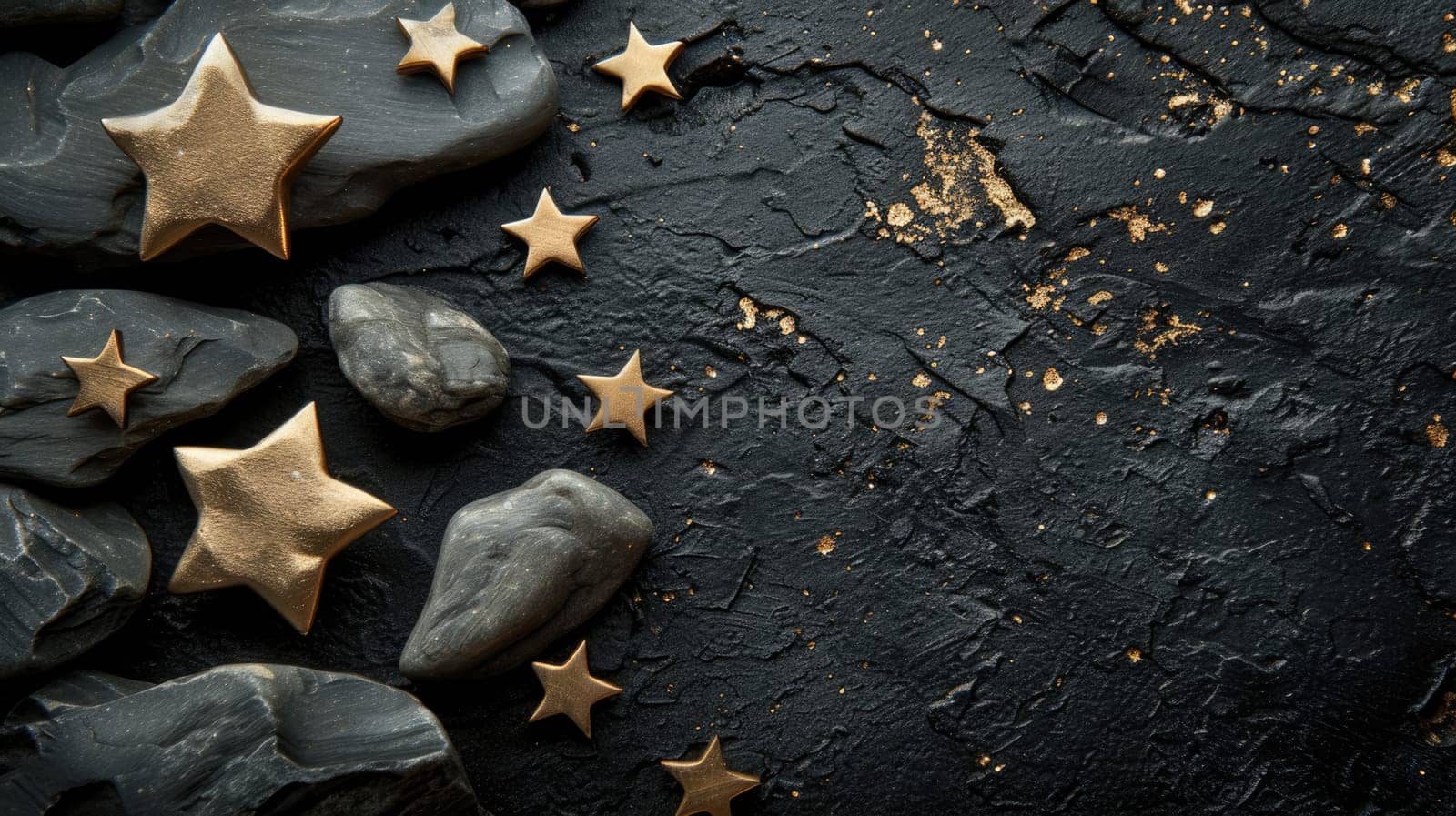 Shining golden stars scattered beautifully on a dark black stone texture background.