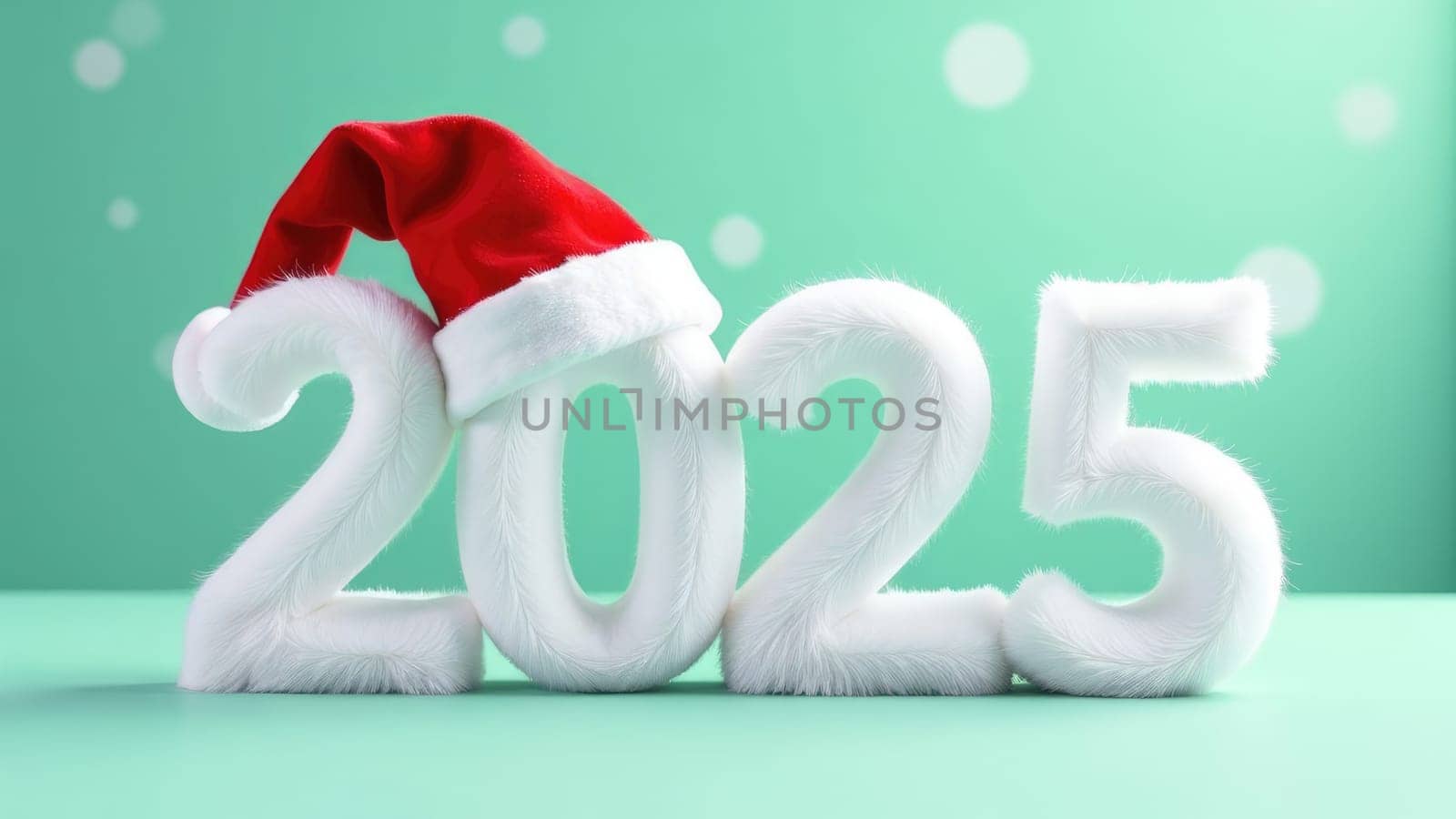 Soft and furry white 2025 New year with a red Santa hat on a pastel green background