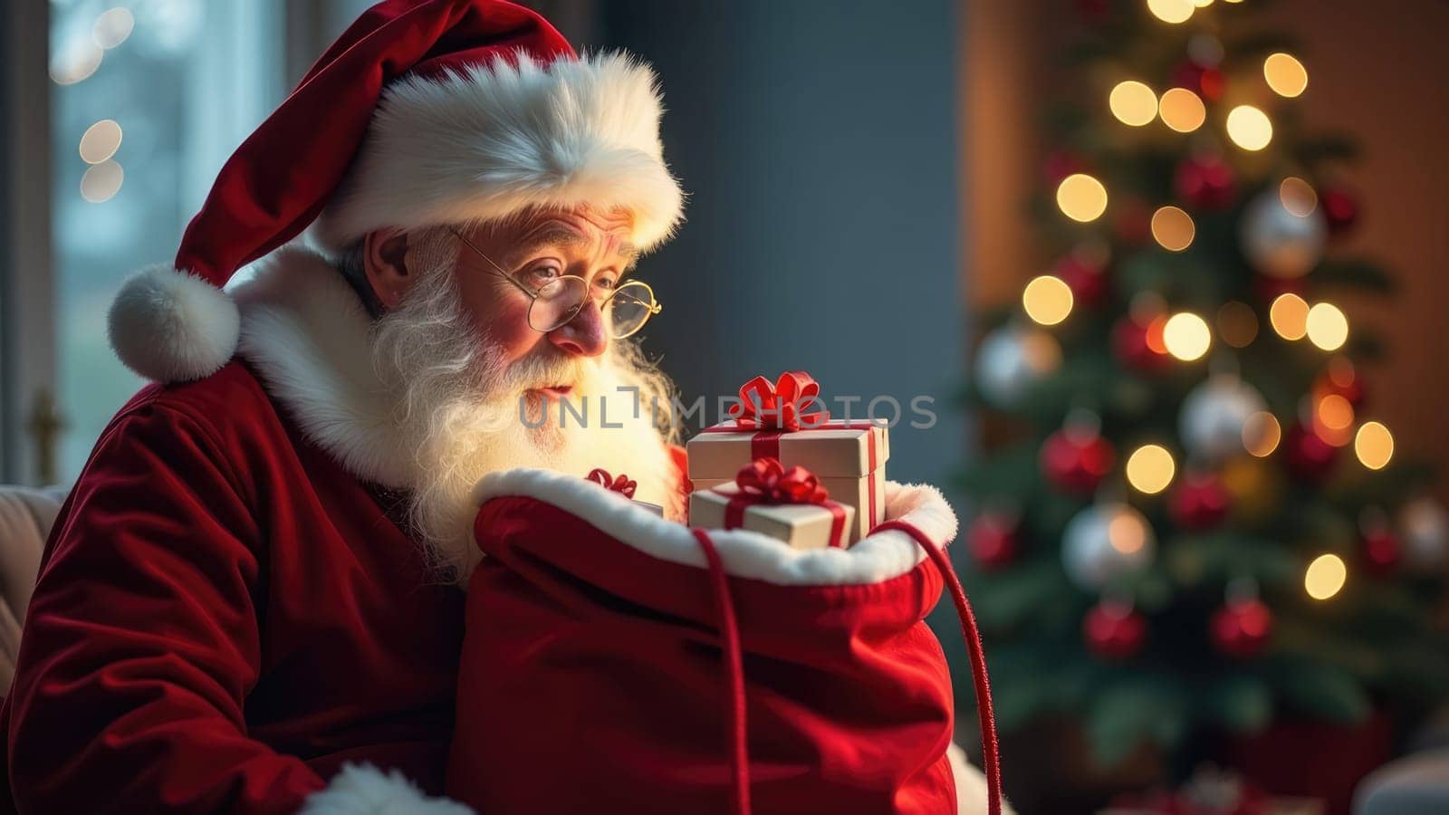 Santa Claus holding bag full of gifts with a bright Christmas tree in the background
